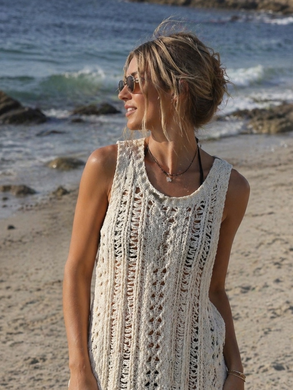 American Eagle Outfitters Cream Open Crochet Knit Tank